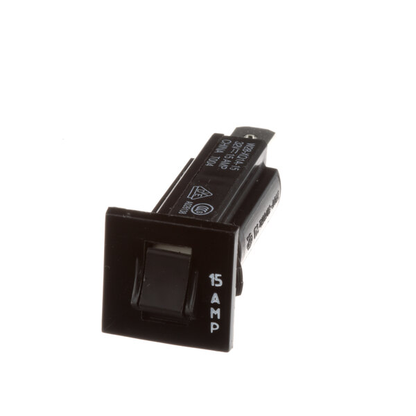 A black electrical switch with white text on a black square shaped background.