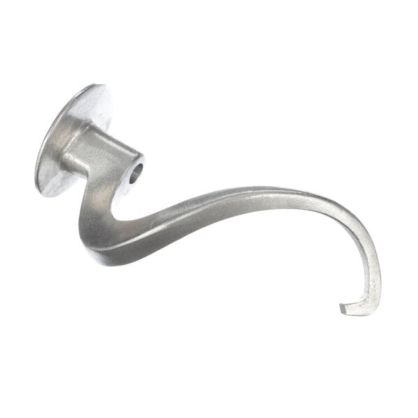 A silver metal Univex dough hook with a hole.