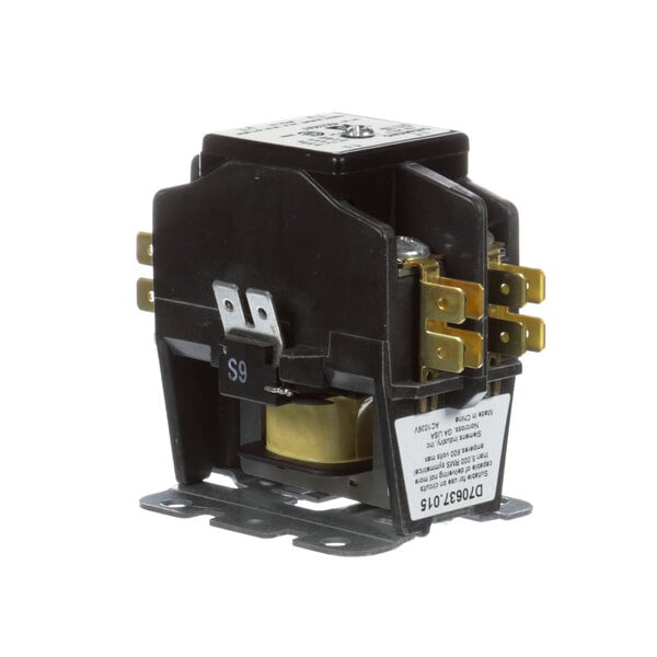 A close up of a small black and gold Southbend contactor.