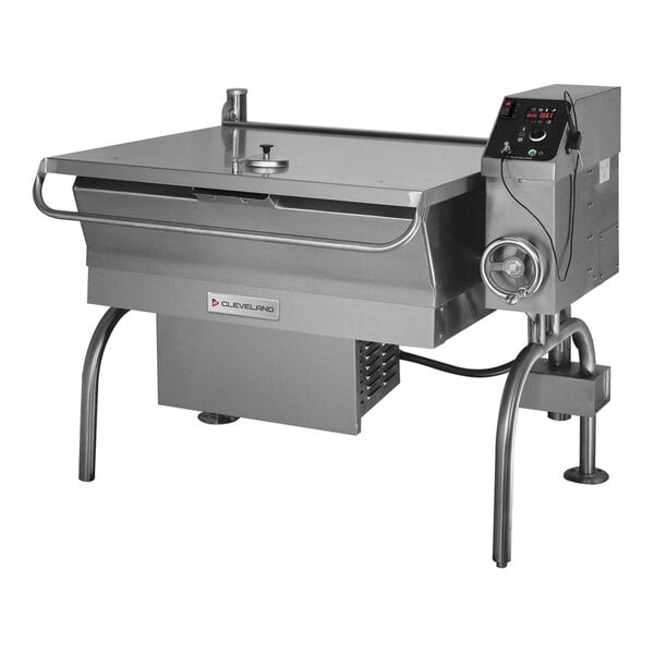 A large stainless steel natural gas tilt skillet with an open base and control panel, designed for commercial kitchen use.