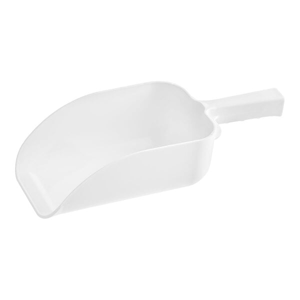 A white plastic Manitowoc Ice scoop with a black handle.