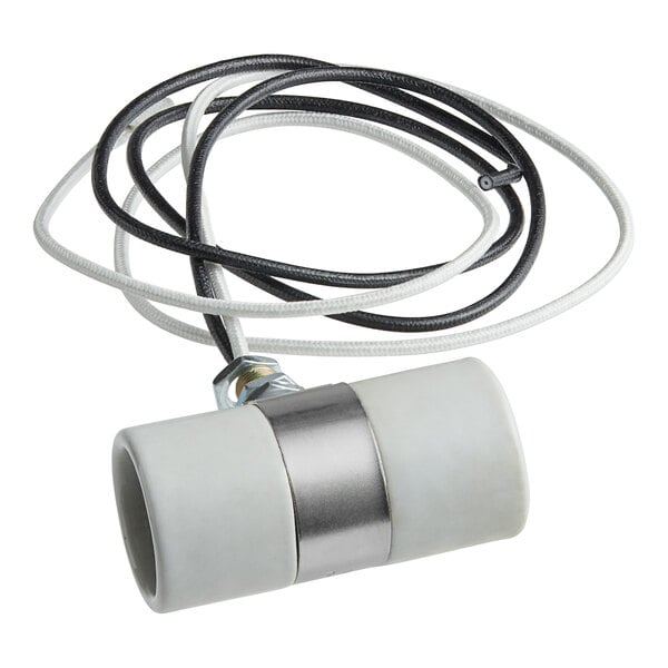 A Hatco dual light socket with white and black cables and a metal connector.