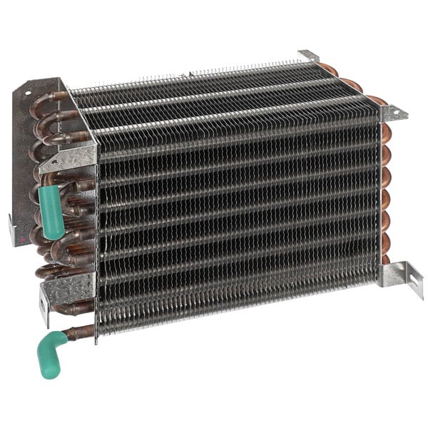 A Master-Bilt evaporator coil with green pipes.
