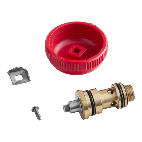 A steam inlet assembly kit with a red knob, brass valve component, screw, and metal clip.
