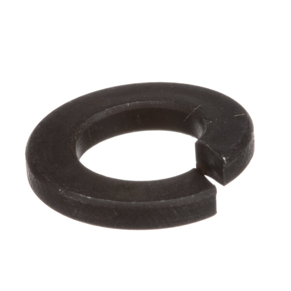 A close-up of a black Hobart lock washer with a hole in it.