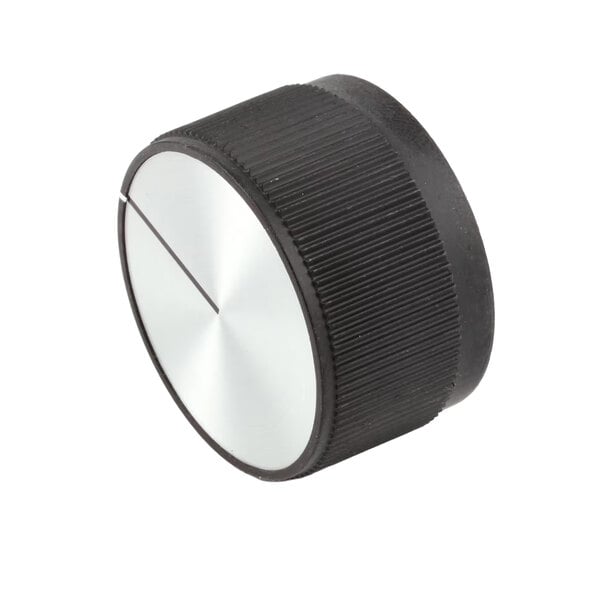 A round black and silver control knob with a set screw, measuring 1.5 inches in outer diameter and 0.25 inches in inner diameter.