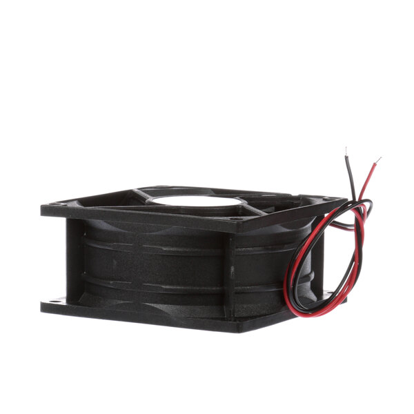 A black plastic fan with red and black wires on a white background.