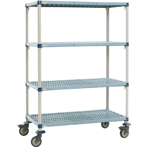 a metal shelving unit with wheels