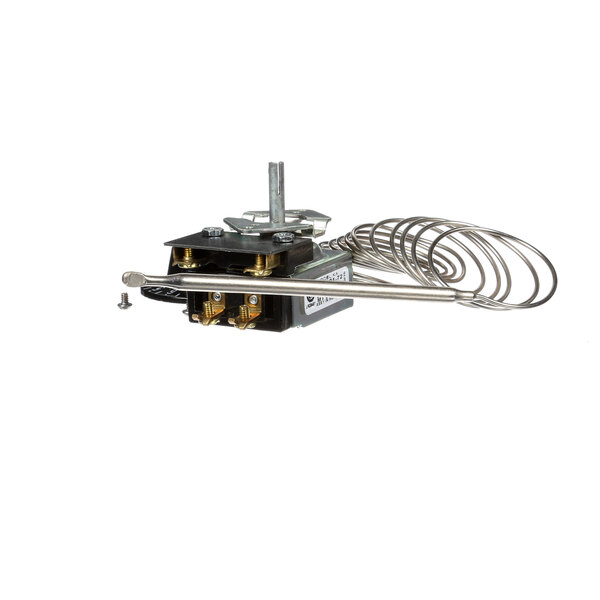 A Low Temp Industries thermostat with a knob and wires.