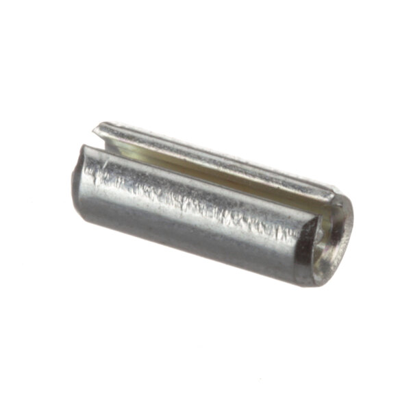 A close-up of a silver metal spring pin with a small hole.