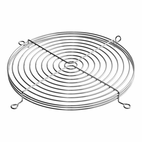 A metal fan guard with a circular grid of rings.