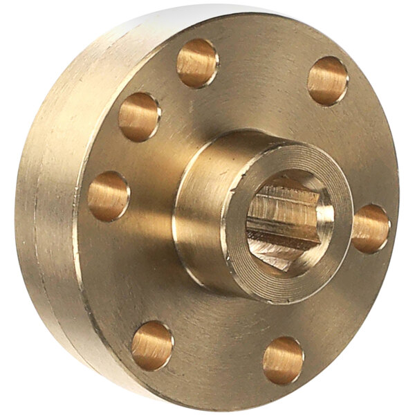 A close-up of a gold Crown Steam hinged disc with holes.