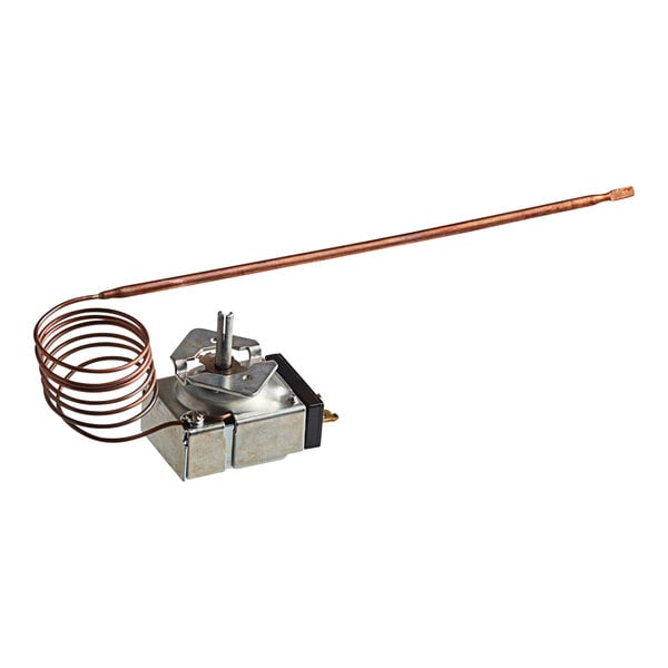 A close-up of a Vulcan thermostat, a small metal device with a copper wire.