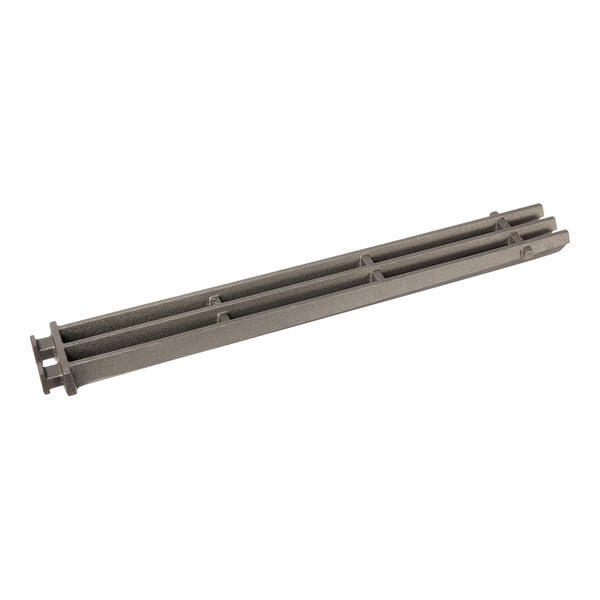 A grey rectangular metal grate with holes on two bars.