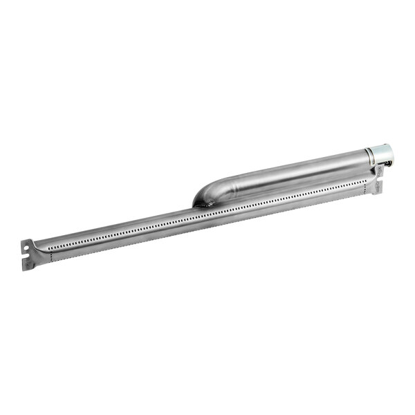 A long, metallic burner tube with perforations along its length and mounting brackets at both ends.