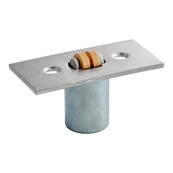 A metal component with a rectangular plate featuring two holes and a central roller mechanism, attached to a cylindrical base.