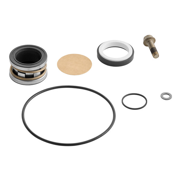 Several mechanical components including rings, a bolt, a washer, a gasket, and a seal are arranged on a white background.