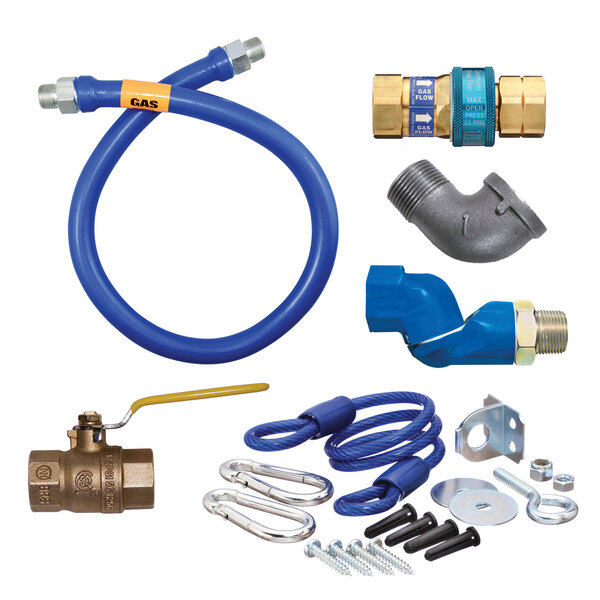 A blue flexible gas hose with fittings and a yellow label.