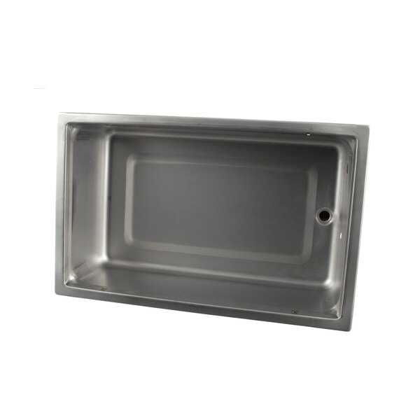 A stainless steel pan with a hole in the bottom.