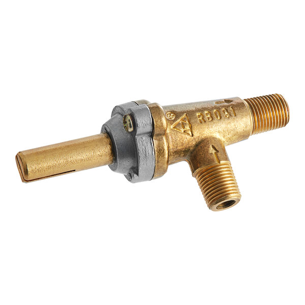 A close-up of a brass Vollrath gas valve with a gold and silver handle.