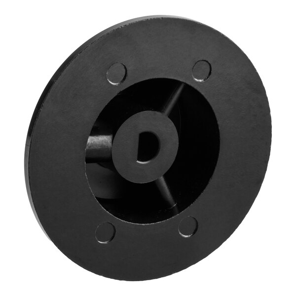 A black, round component with a central hole and four smaller circular indentations evenly spaced around the perimeter.