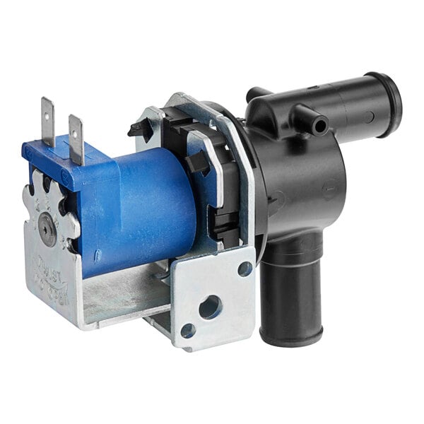 A blue and black electric valve with silver accents.