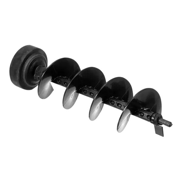 A black plastic auger with four blades and a black wheel.