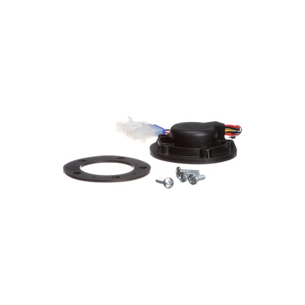 A black round ultrasonic sensor with wires and screws.