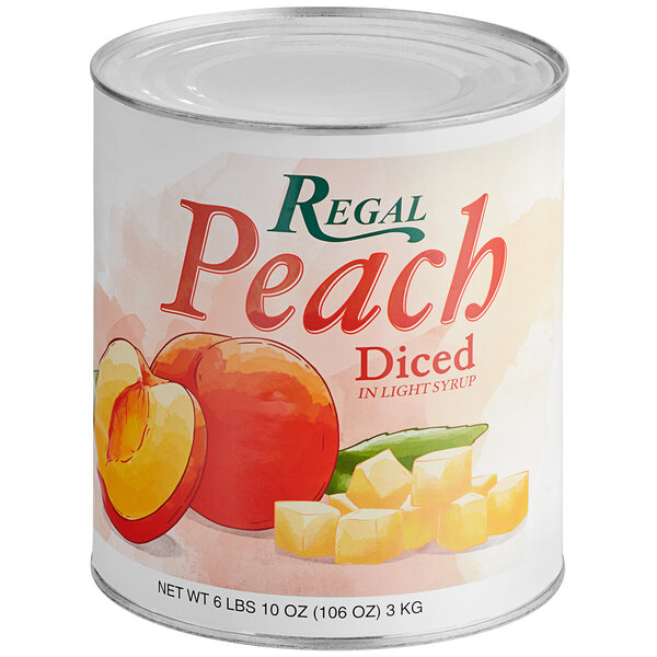 A #10 can of Regal peach diced peaches in light syrup.