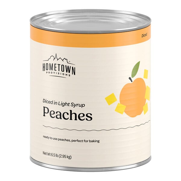 A large can labeled 'Hometown Provisions Diced Peaches in Light Syrup' with an illustration of diced peaches on the front.