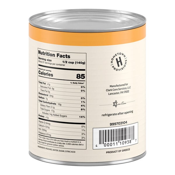 A large can with a nutrition facts label, barcode, and product information, including ingredients and manufacturer details, visible on the back.