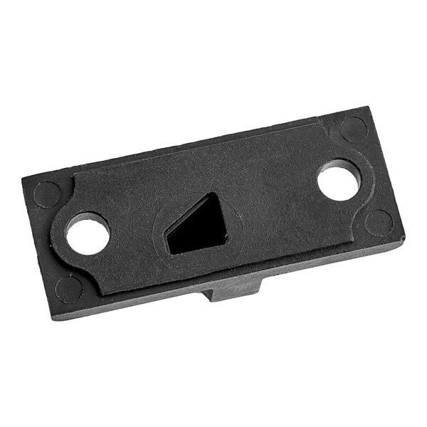 A black rectangular Hobart lid lock with holes.