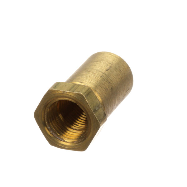 A close-up of a brass threaded nut.