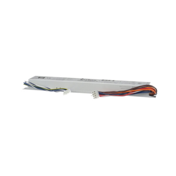 A white rectangular Master-Bilt ballast with red and blue cables.