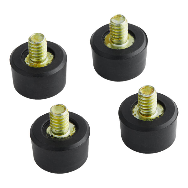 A group of black Bunn rubber feet with yellow screws.