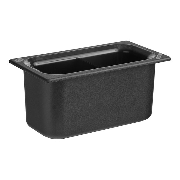 A Carlisle black plastic divided food pan with a lid.