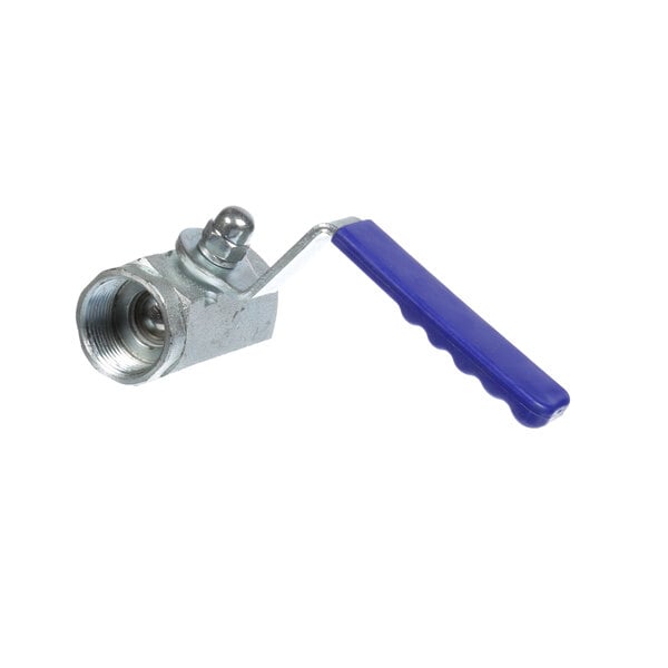 An American Range shut off valve with a blue handle and metal ball valve.