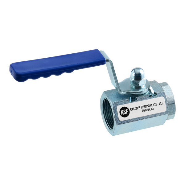 A metal shut off valve with a blue handle, labeled as an American Range A80201.