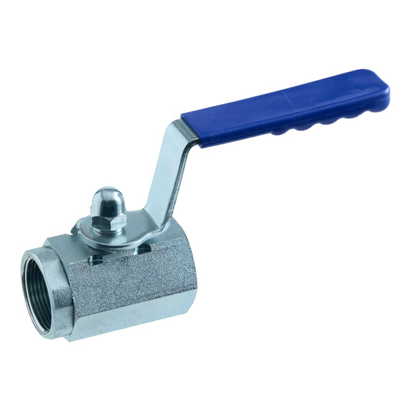 A metal shut off valve with a blue handle.