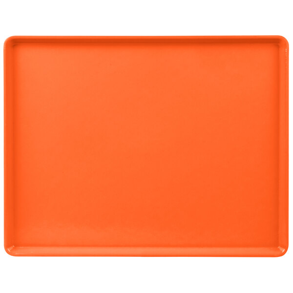 An orange rectangular tray with a white border.