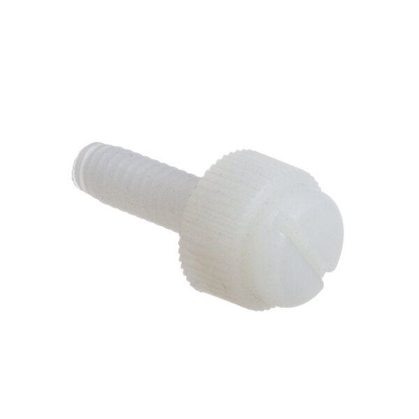 A close-up of a white plastic screw.