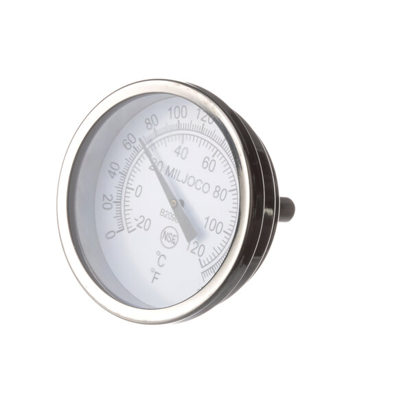 A Moyer Diebel thermometer with a round white gauge and black handle.