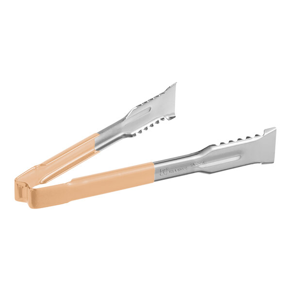 Vollrath stainless steel tongs with a tan Kool-Touch handle.