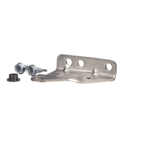 A close-up of a Glastender metal hinge bracket with screws and bolts.