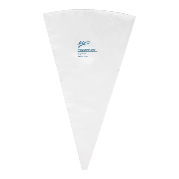 A white, triangular pastry bag with a reinforced tip and blue text printed near the top.
