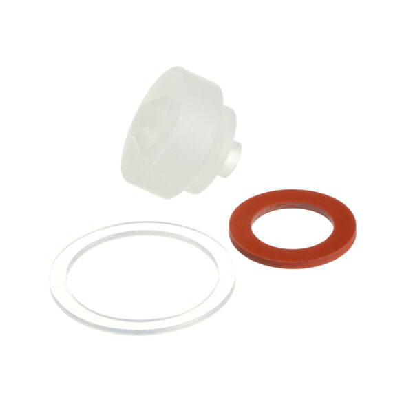 A white and red rubber seal and washer with a white plastic object and nut.