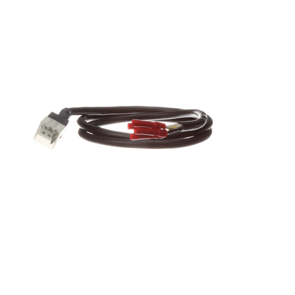 A close up of a black cable with red connectors.