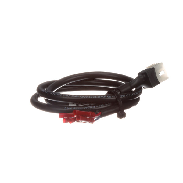 A close-up of a black True Refrigeration door cord with red connectors.