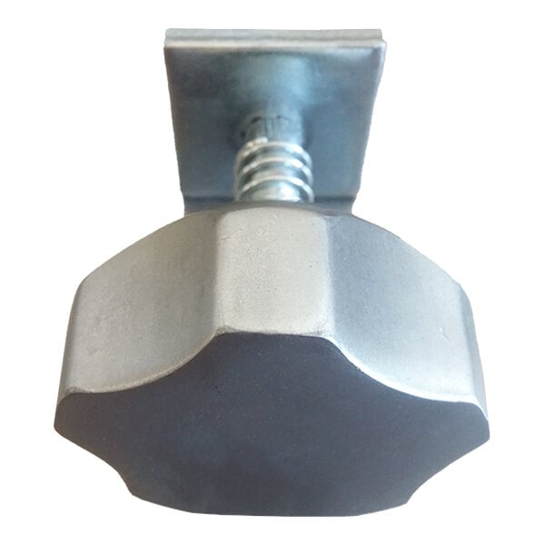 A metal support knob assembly with a ridged, round handle and a threaded shaft.