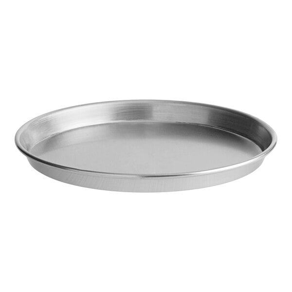 An American Metalcraft heavy weight aluminum round pizza pan with a round bottom.